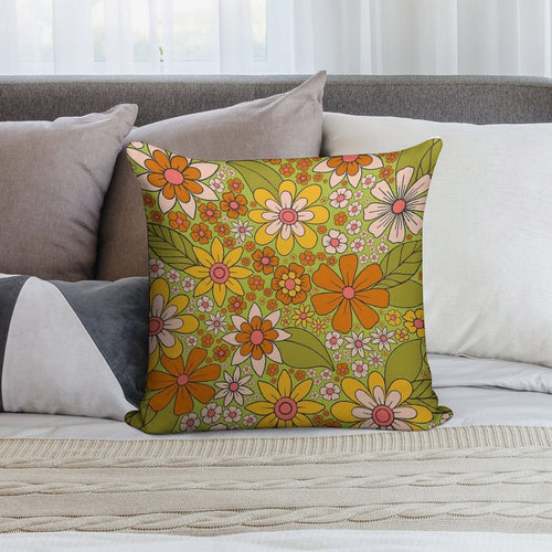 1960s, 1970s Retro Floral in Green, Pink & Orange - Flower Power Soft High-Density Material Throw Pillow