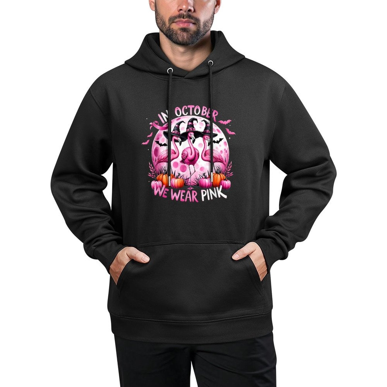 Flamingo In October We Wear Pink Breast Cancer Halloween Medium-Weight Fabric Hoodie
