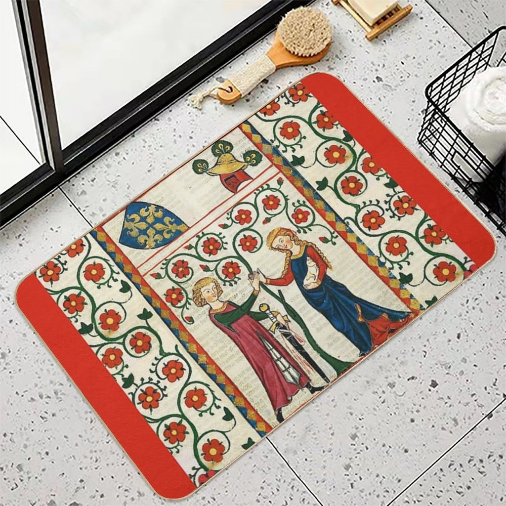 GERMAN POET WITH HIS BELOVED LADY ,MEDIEVAL MINIATURE WITH WILD ROSES  Fade-Resistant Bath Mat