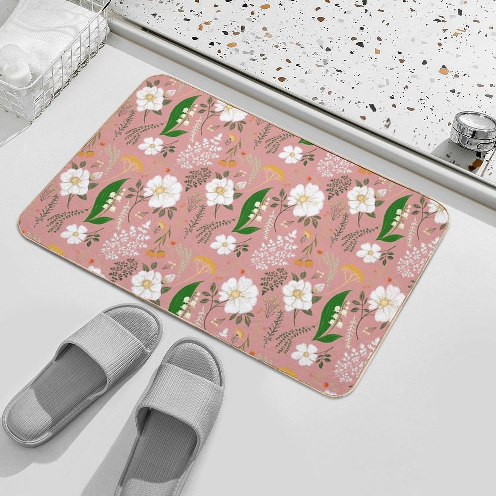 Garden Florals on Soft Pink.  Dirt-Trapping Bath Mat