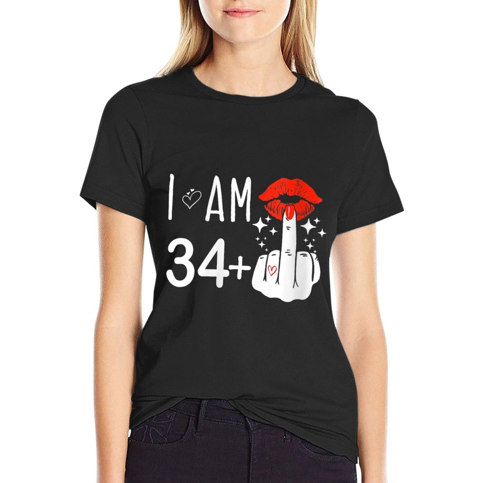 Womens I Am 34 Plus 1 Middle Finger 35th Birthday Funny  Easy-care T-Shirt
