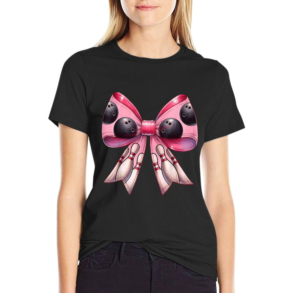 Coquette Bow Bowling Ball Pins Pattern Bowler Pink Mom Girl  Rolled Sleeves T-Shirt