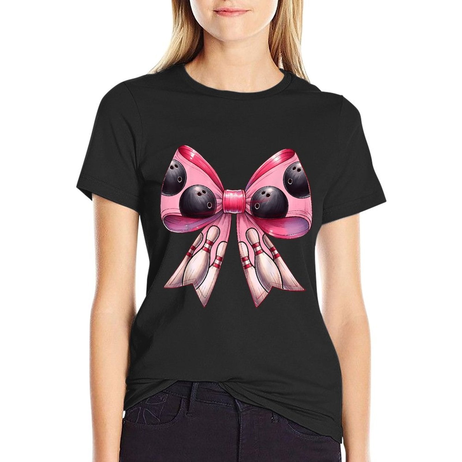 Coquette Bow Bowling Ball Pins Pattern Bowler Pink Mom Girl  Rolled Sleeves T-Shirt