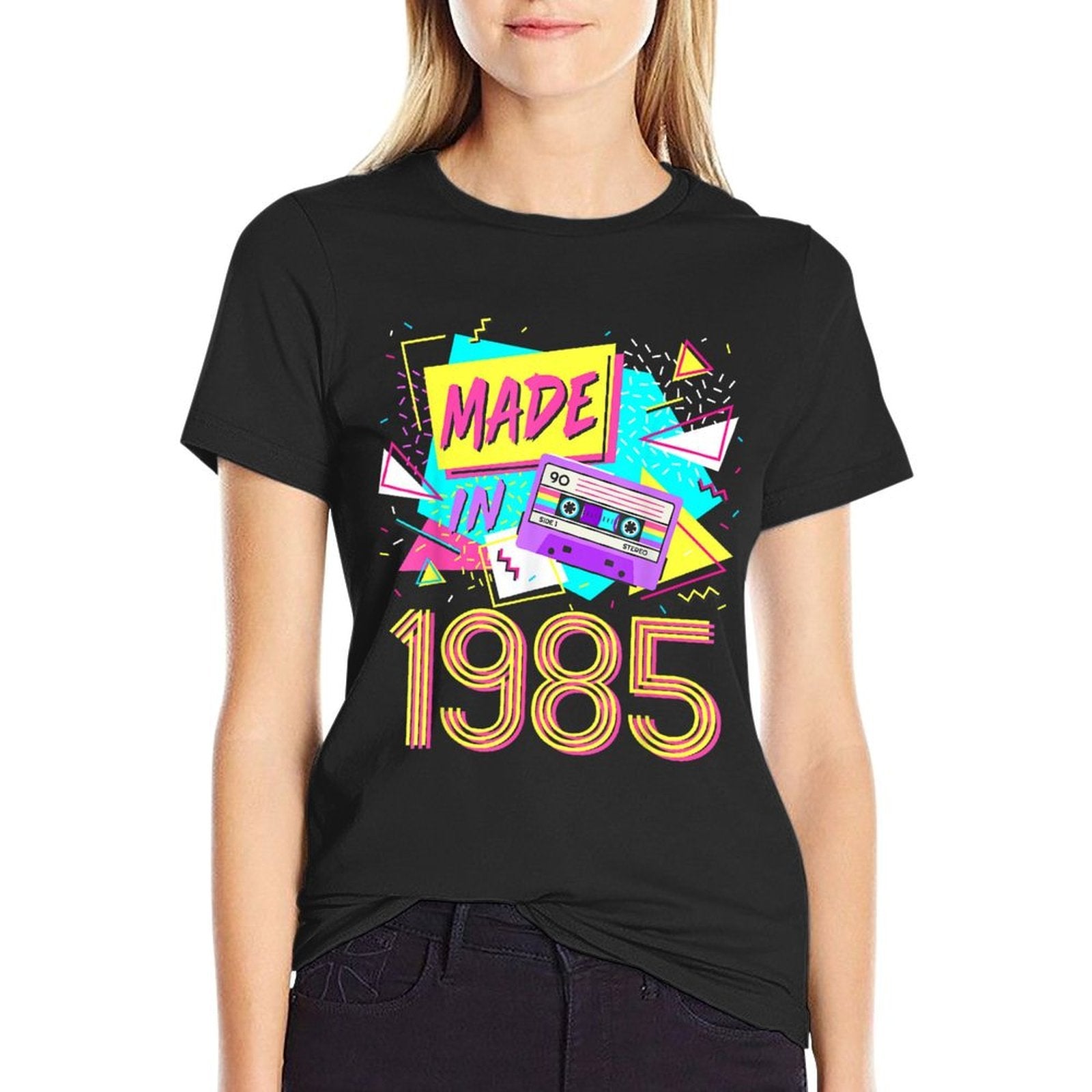 Made In 1985 37 Years Old Retro Vintage 80s 37th Birthday  Ribbed Collar T-Shirt