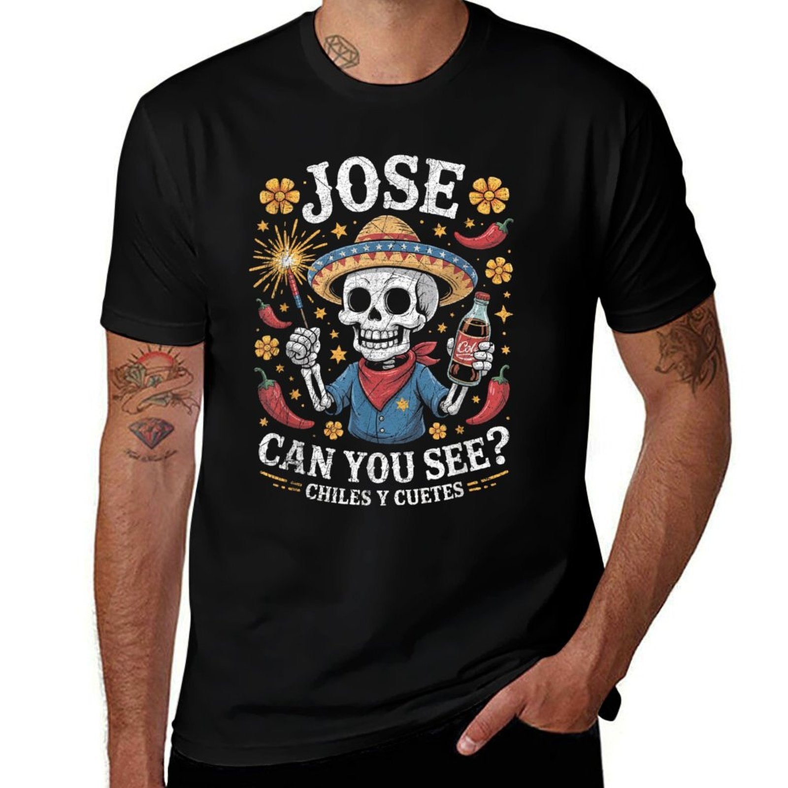 Jose Can You See Chiles Y Cuetes Funny Fiesta  Fade-proof Color T-Shirt