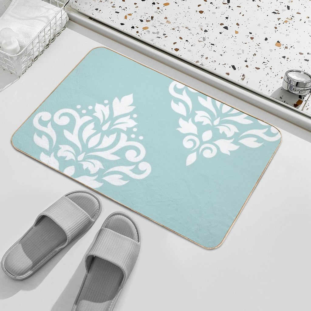 Scroll Damask Art I White on Duck Egg Blue  Absorbent Bath Mat
