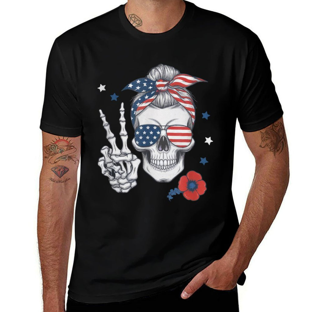 Memorial Day Skeleton Messy Bun Patriotic Comfortable T-Shirt