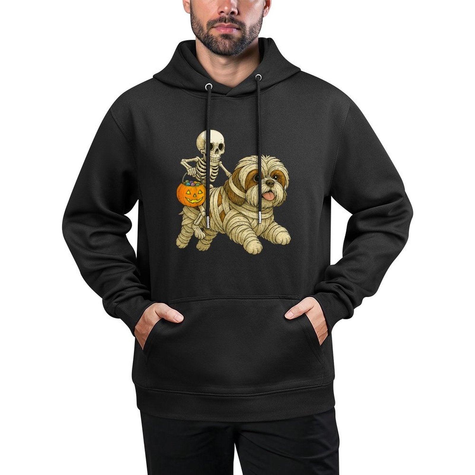 Skeleton Riding Mummy Shih Tzu Dog Halloween Funny Pumpkin Easy Care Hoodie