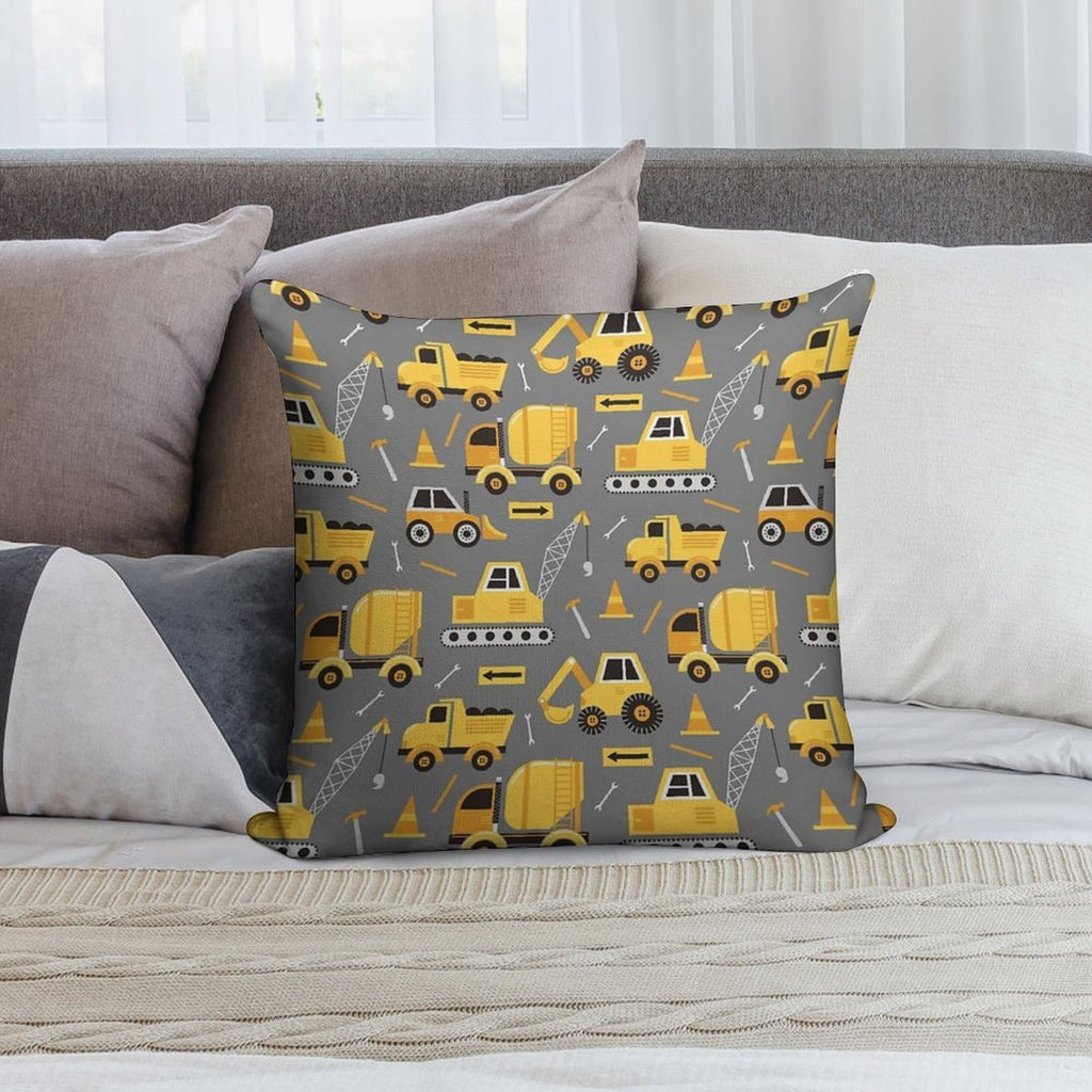 Construction Trucks on Gray Soft Skin-Friendly Throw Pillow