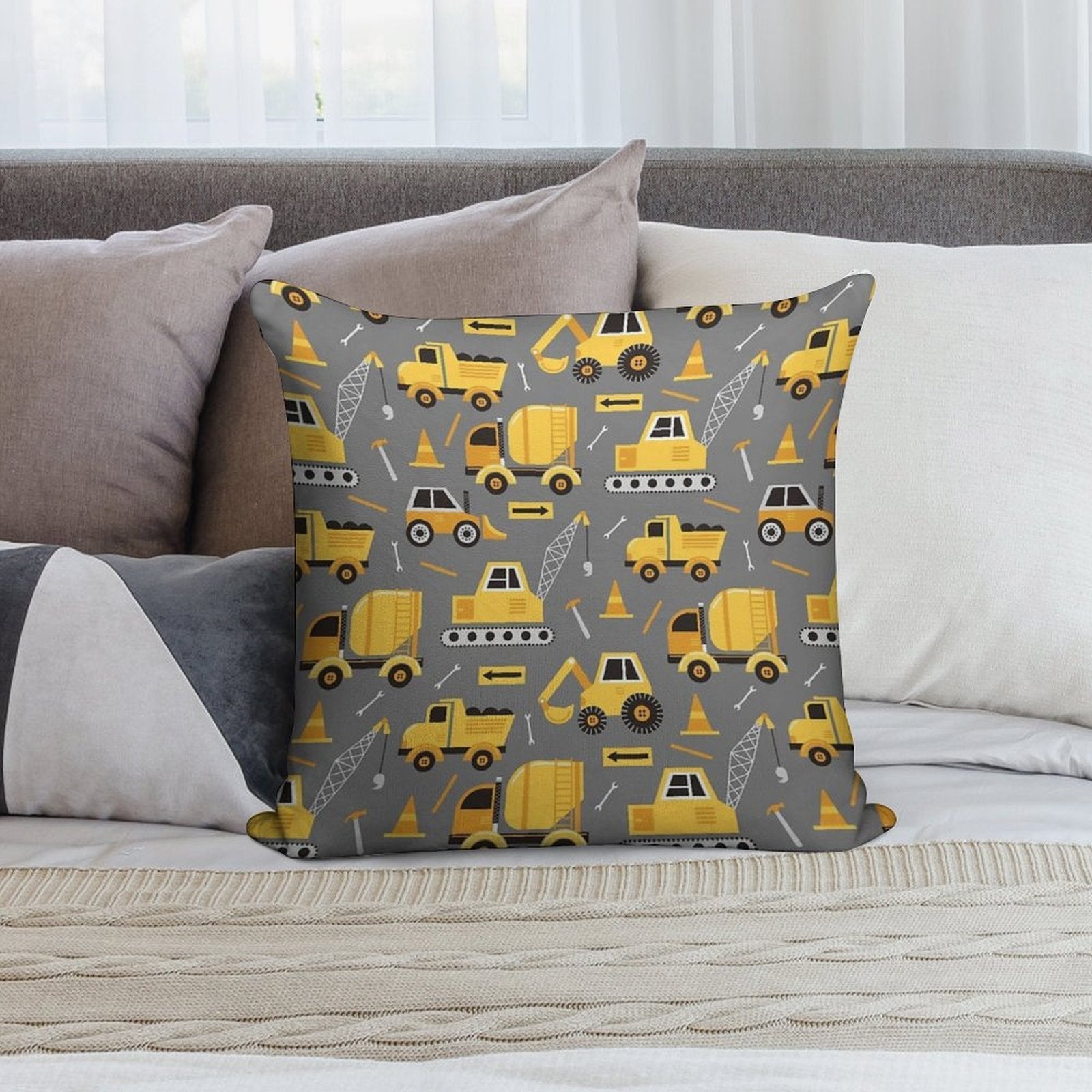 Construction Trucks on Gray Soft Skin-Friendly Throw Pillow