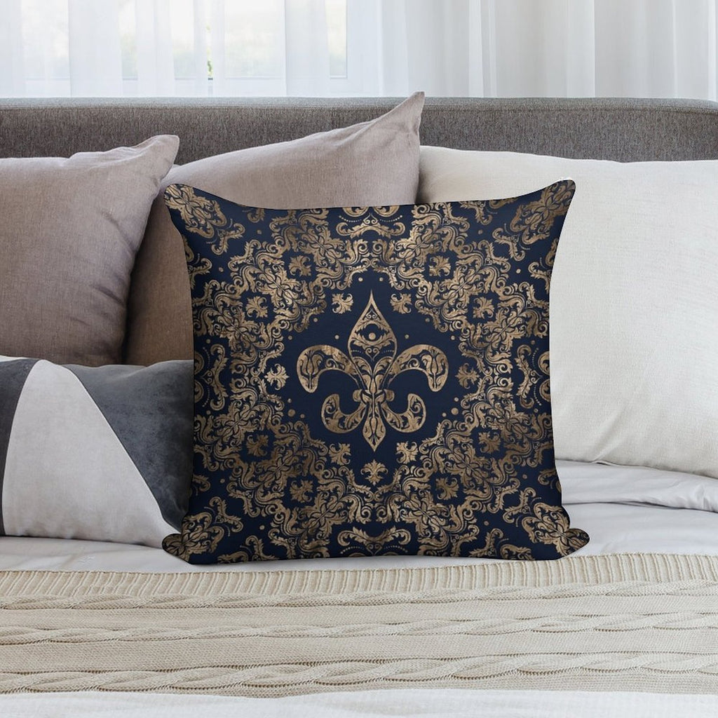 Luxury Fleur-de-lis Ornament - Gold And Dark Blue Soft Short Plush Fabric Throw Pillow