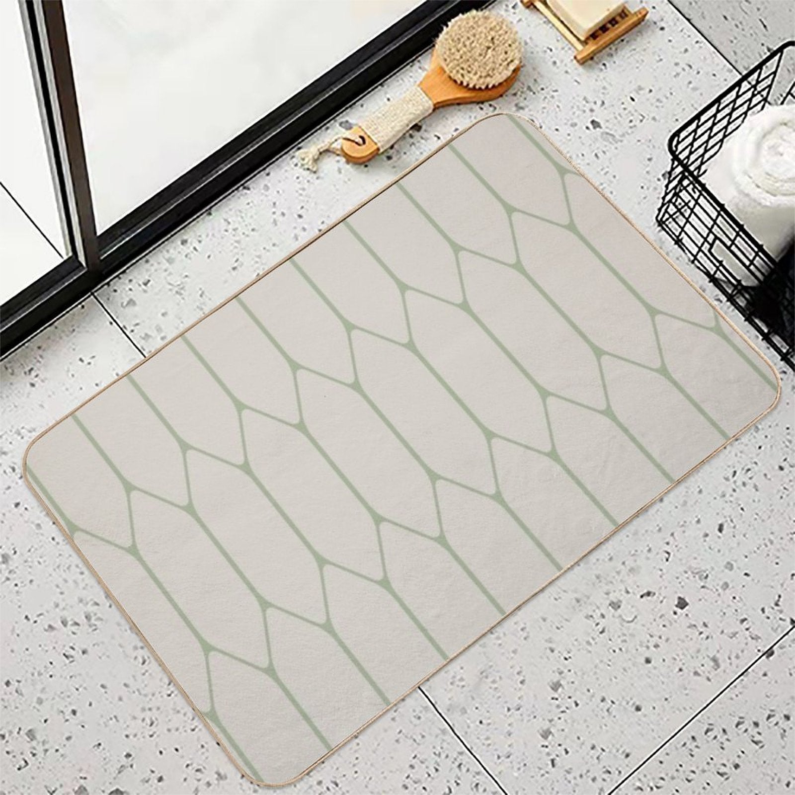 Long Honeycomb Minimalist Geometric Pattern in Beige And Sage Durable Bath Mat