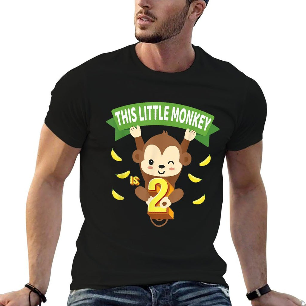 This Little Monkey Is 2 Years Old Kid 2nd Birthday Monkeys  Ribbed Collar T-Shirt