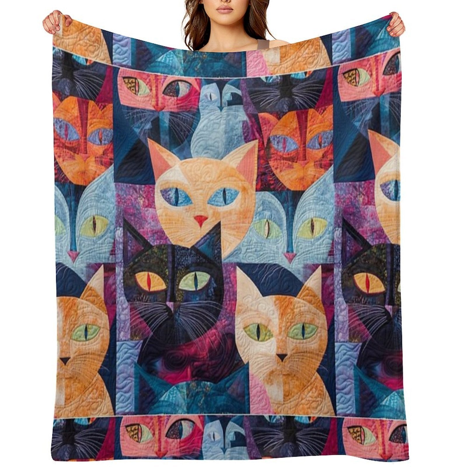 Feline Fiesta Vibrant Quilt Like Design Tee Versatility Throw Blanket