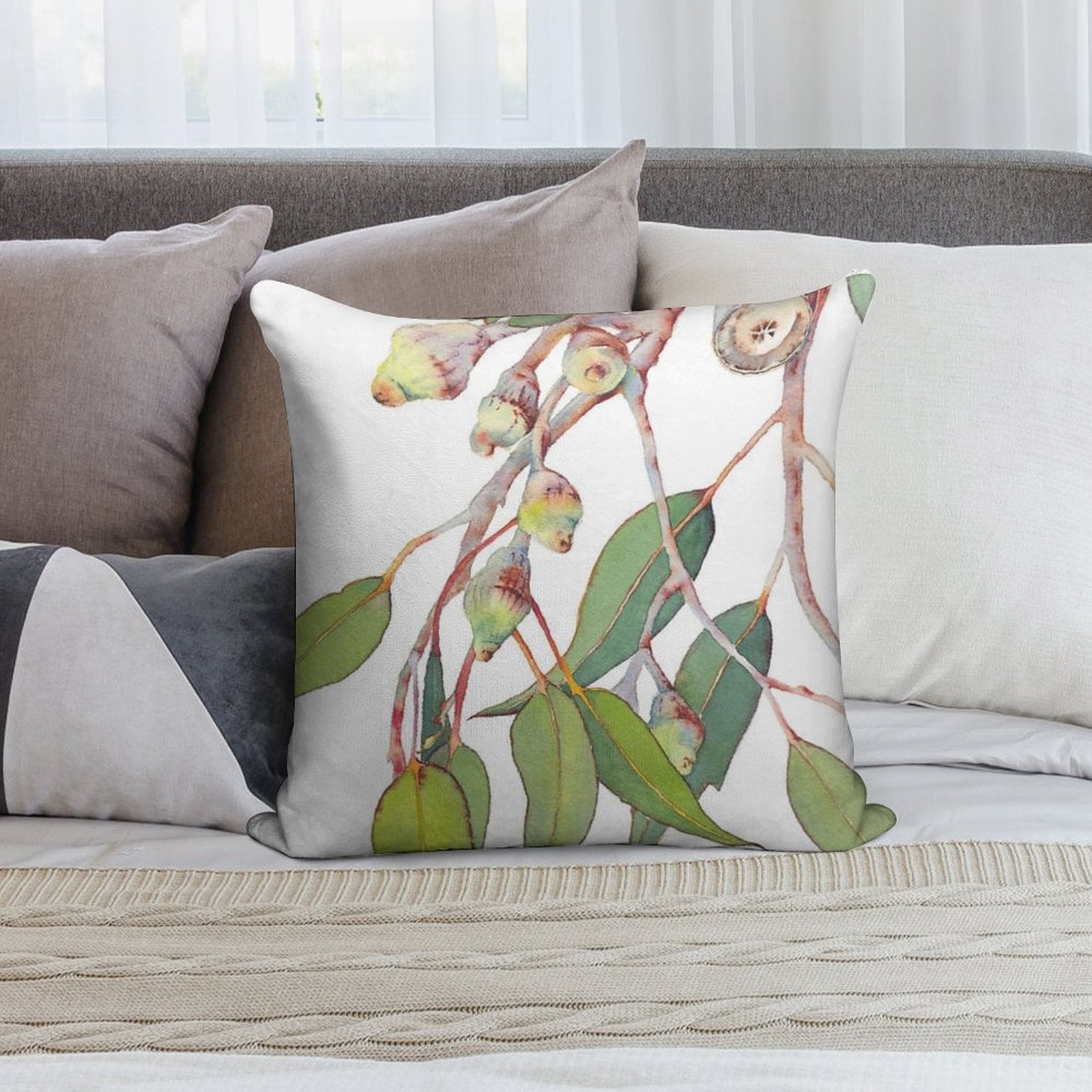 Australian Native Eucalyptus Tree Branch Watercolour Soft Hidden Zipper Throw Pillow