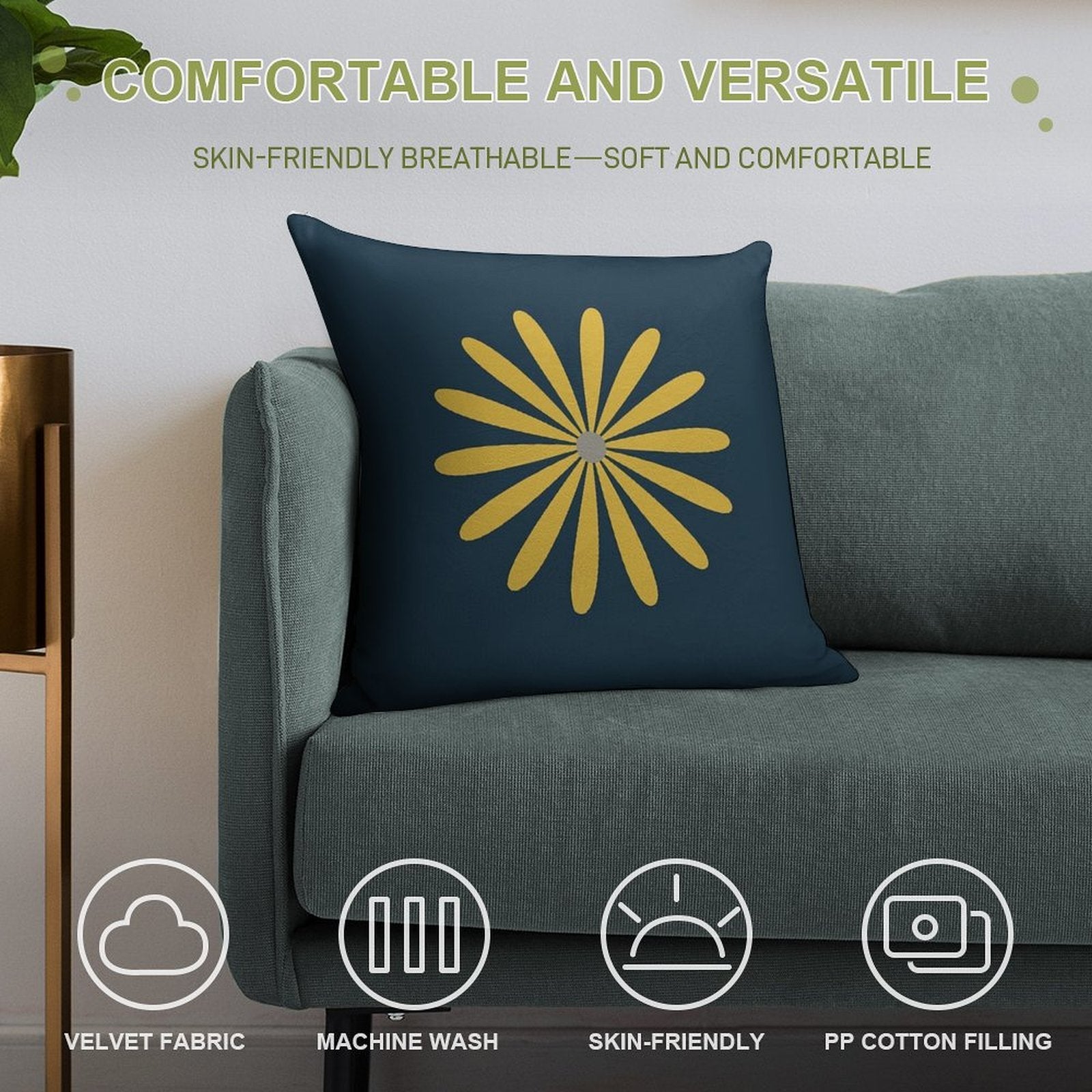 Big Daisy in Light Mustard Yellow And Grey on Navy Blue Minimalist Retro Modern Floral Soft Home Decor Throw Pillow