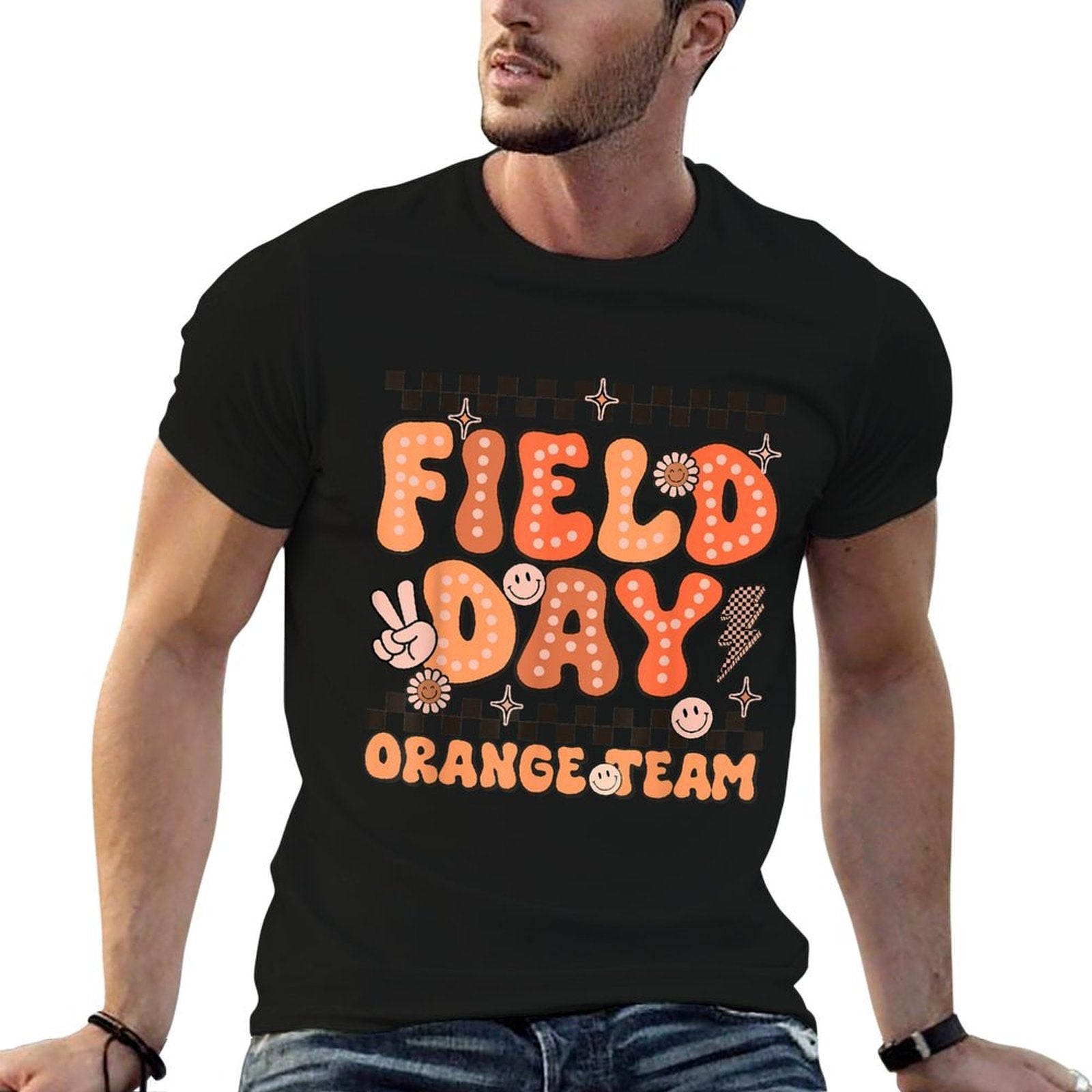 Field Day Orange Team Groovy Smile Face Checkered Students  Cotton T-Shirt
