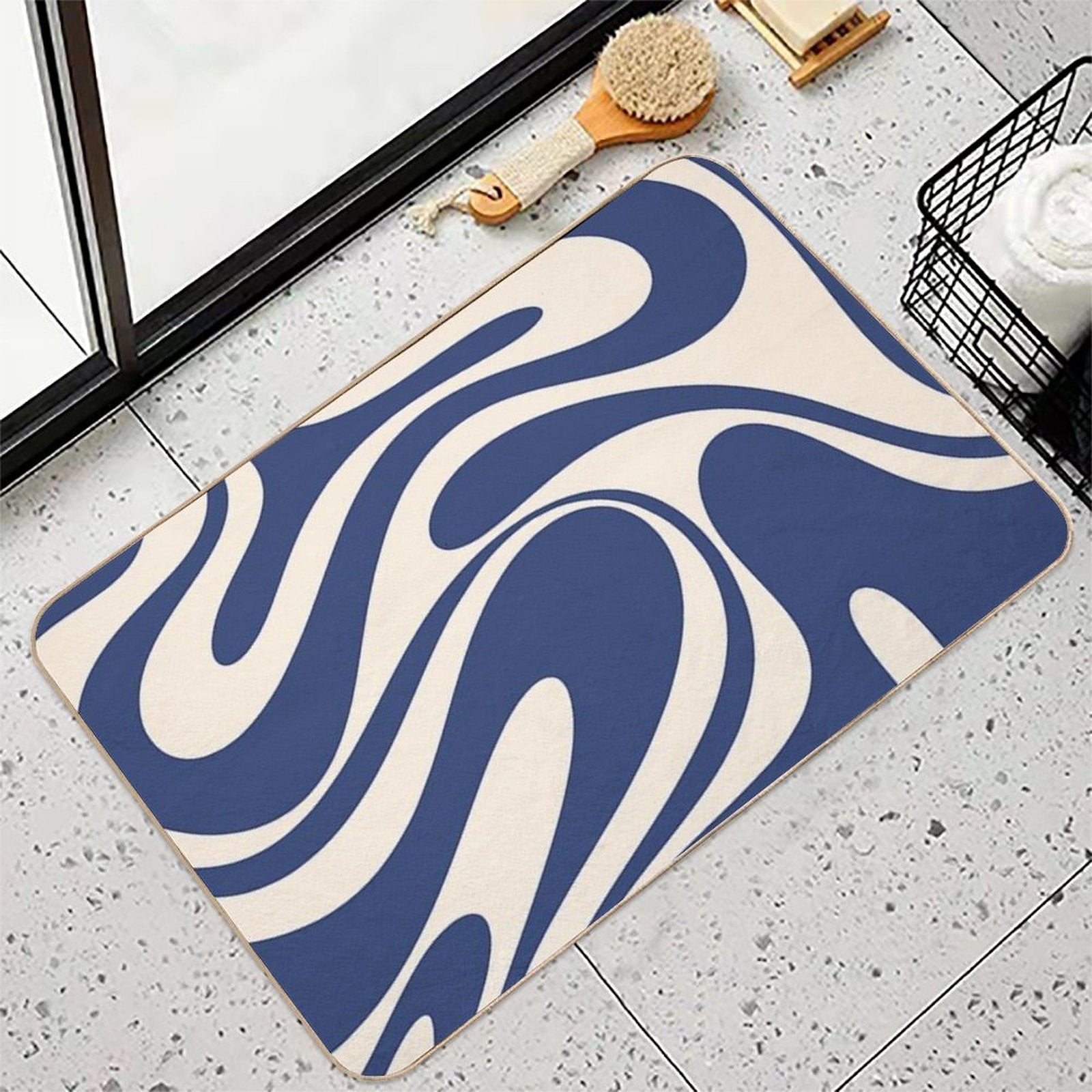 Retro Fantasy Swirl Abstract in Blue And Cream  Odorless Bath Mat