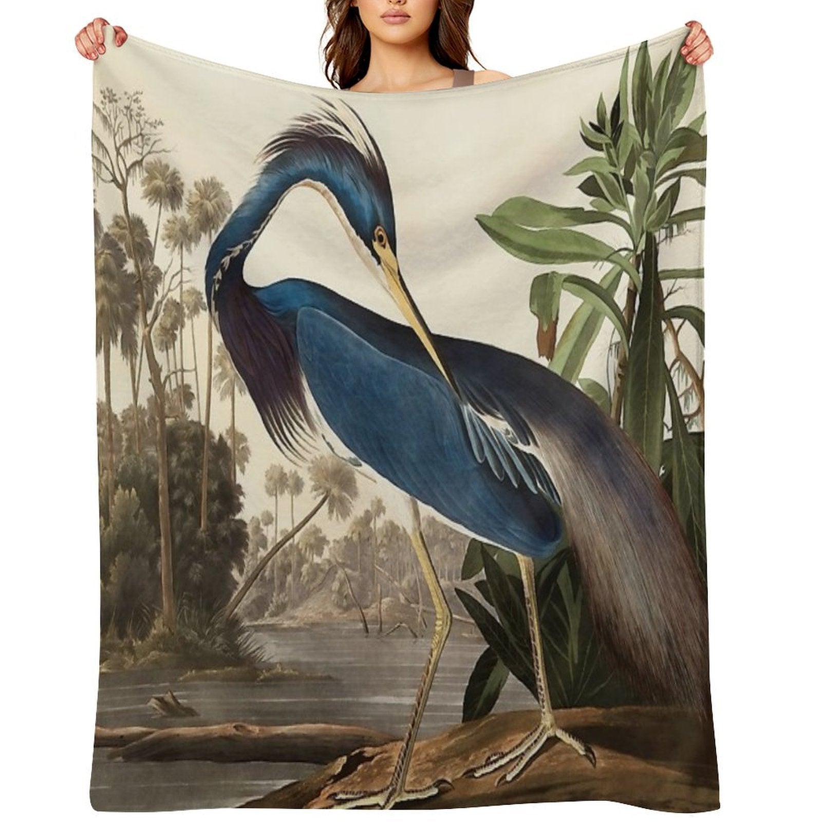 Blue Heron Vintage Tropical Bird Eco-conscious Throw Blanket