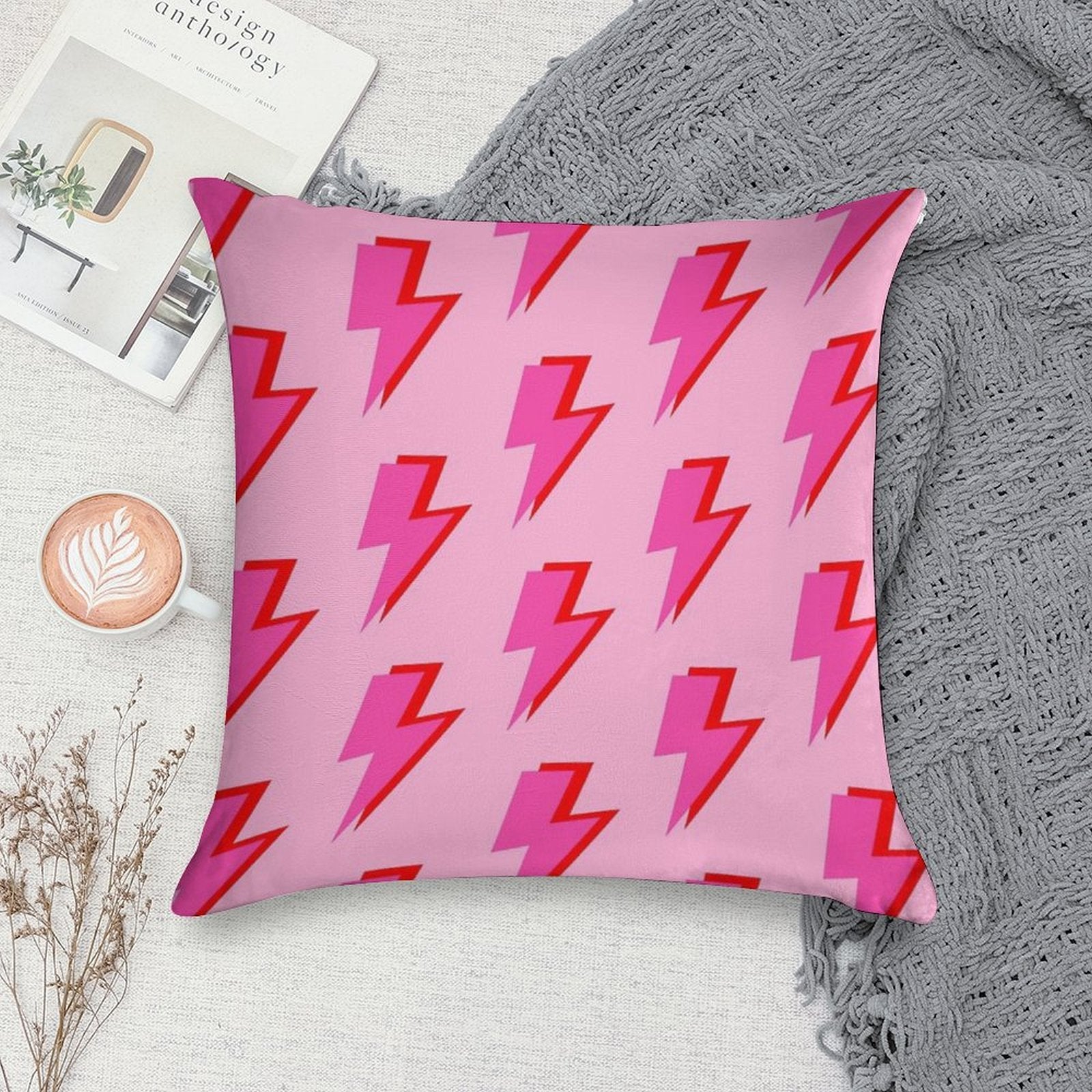 Pink And Red Lightning on Pink Soft Anti-Pilling Throw Pillow