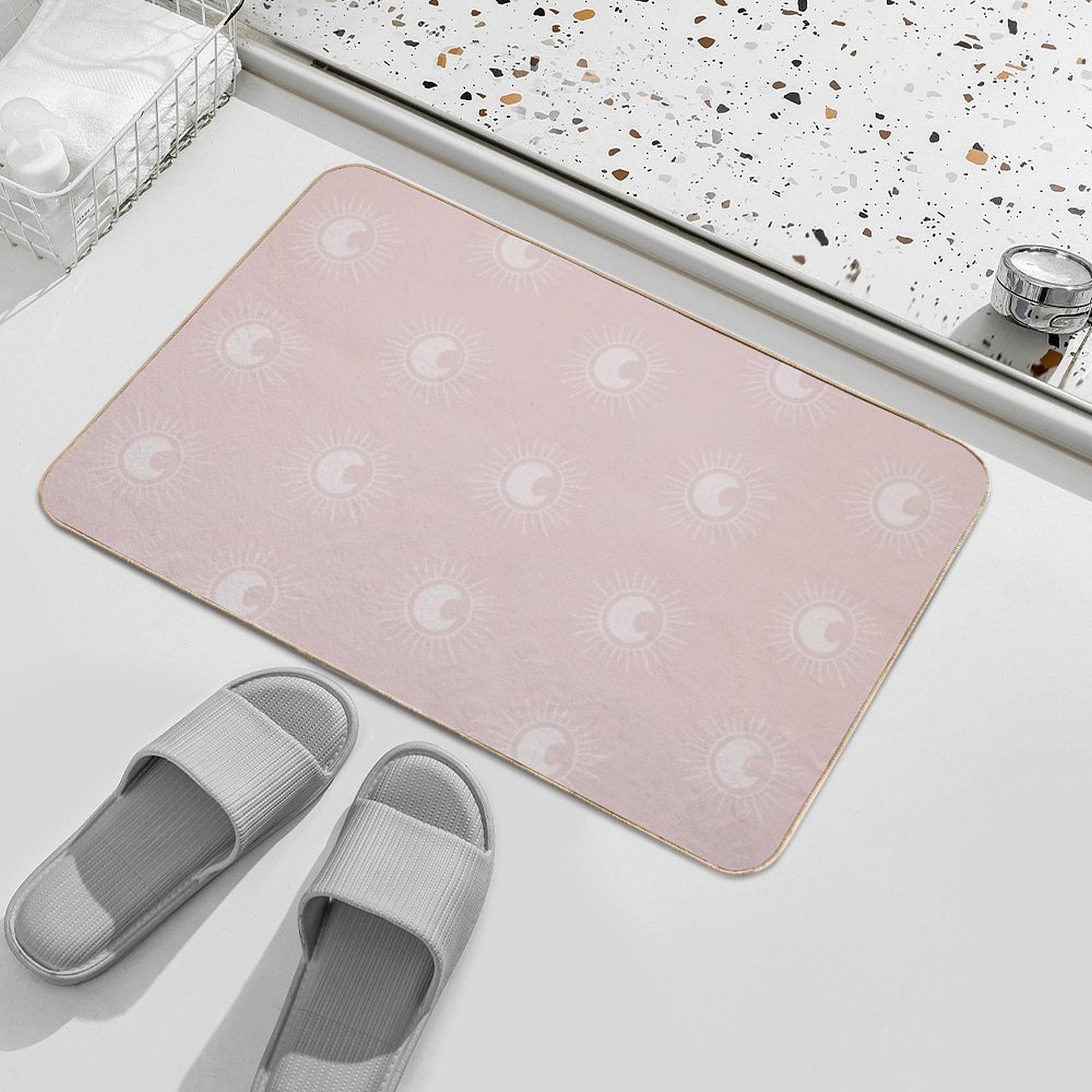 Boho Sun And Moon Pattern Bohemian Aesthetic In Muted Colors Pale Pink  High-Traffic Bath Mat