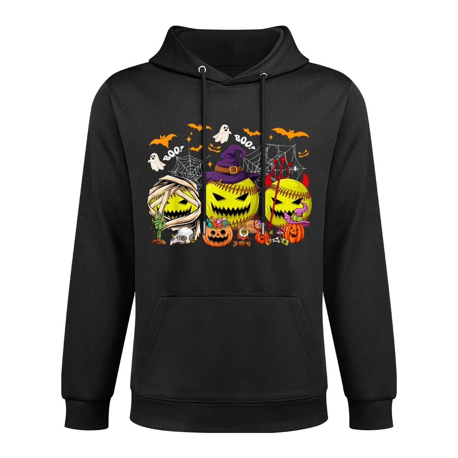 Funny Mummy Witch Devil Softball Balls Happy Halloween Day Medium-Weight Fabric Hoodie