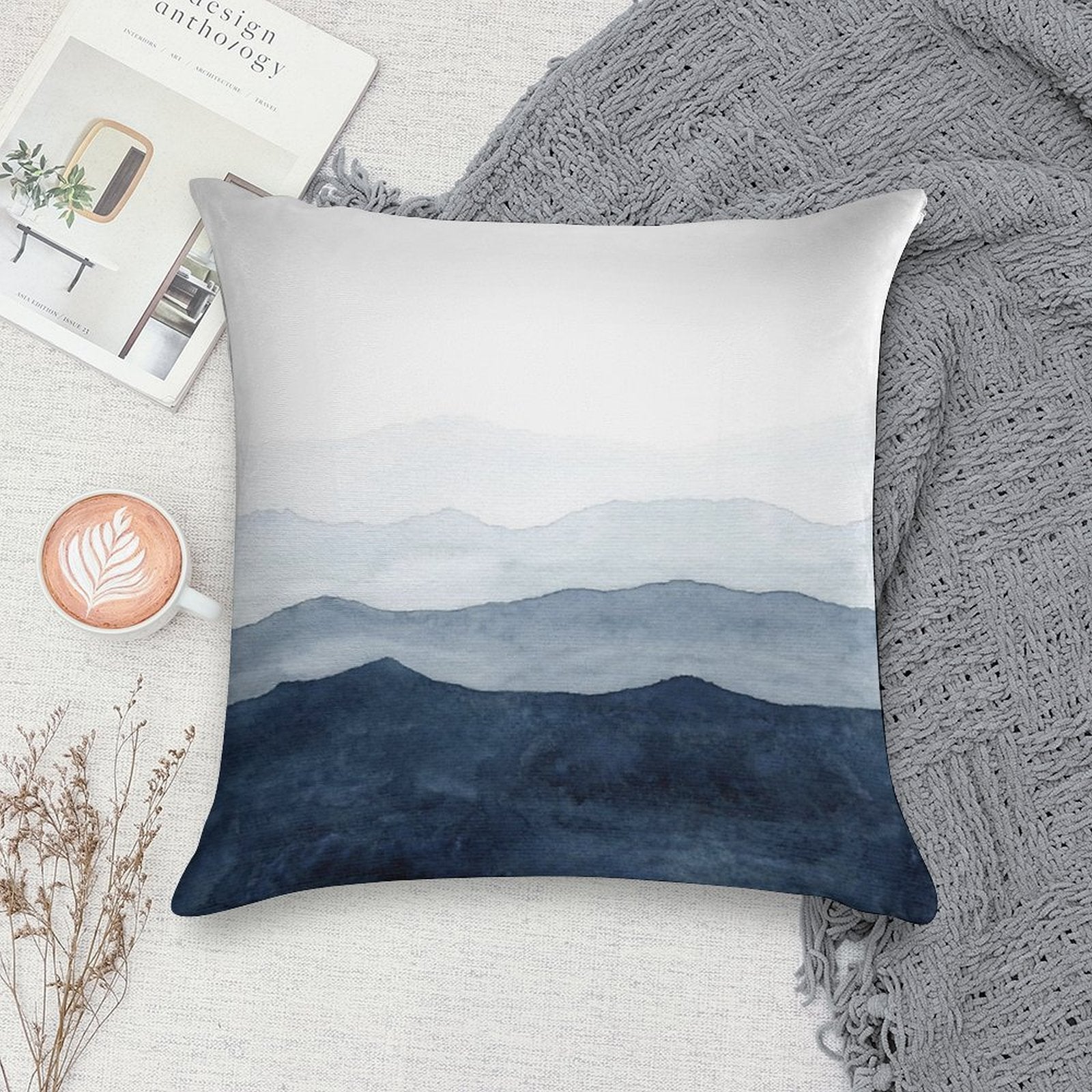 Mountains Ombre  Indigo Abstract Watercolor Soft Bedroom Essential Throw Pillow