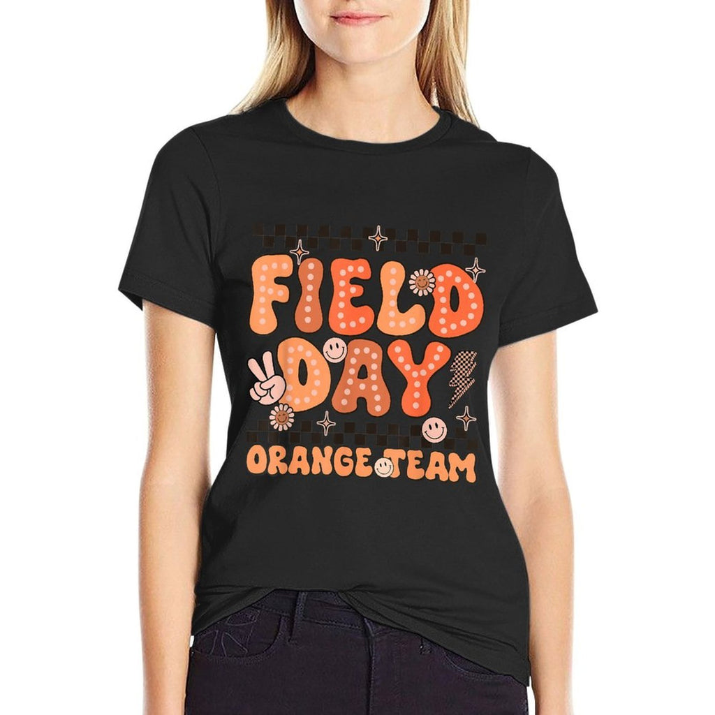 Field Day Orange Team Groovy Smile Face Checkered Students  Cotton T-Shirt