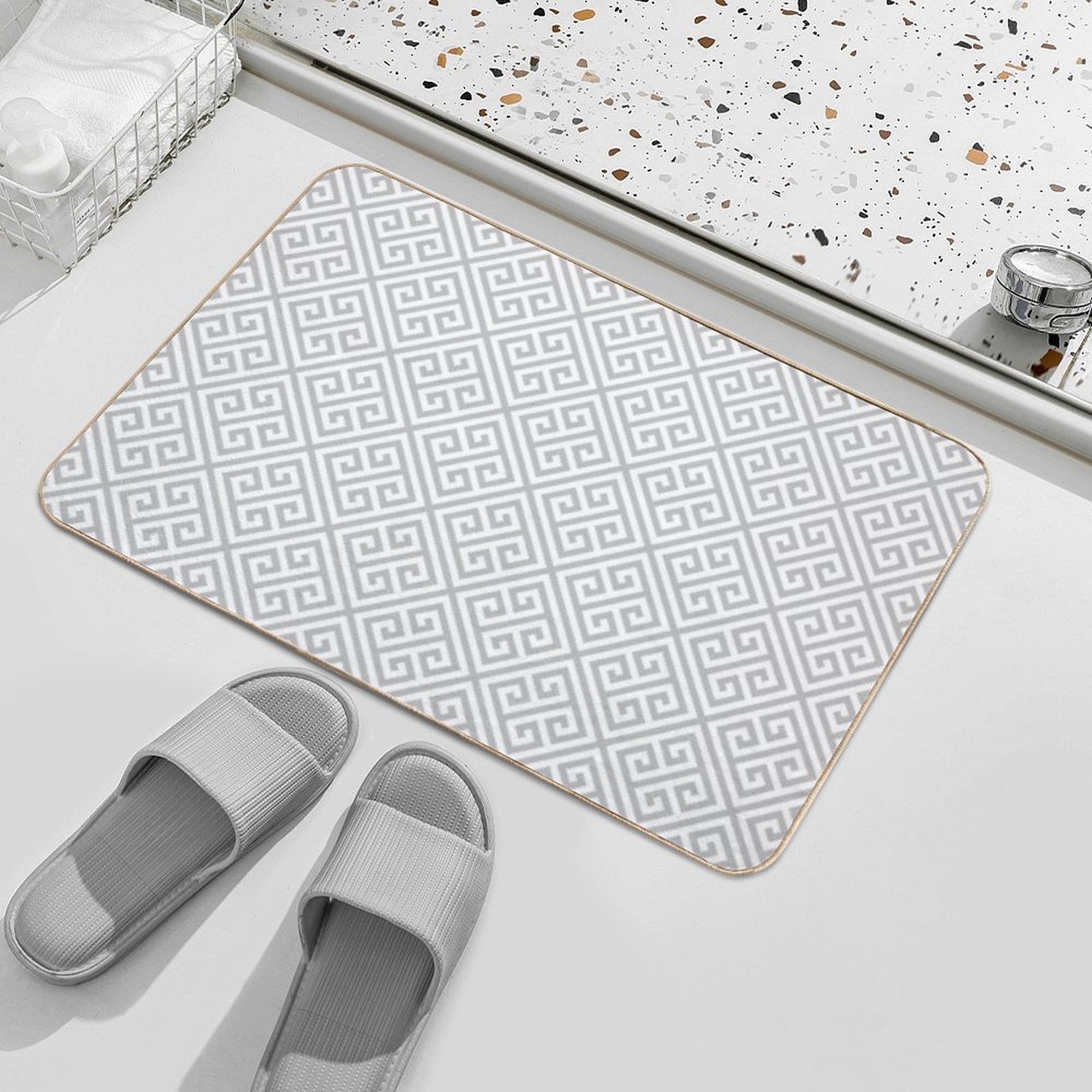 Greek Key Silver Gray And White Diagonal Pattern  Dirt-Trapping Bath Mat