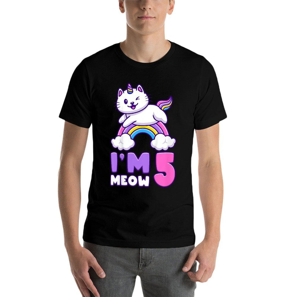 Kids Birthday Girl 5 Years Old, Cat, Unicorn, 5th Birthday  Trendy Pattern T-Shirt