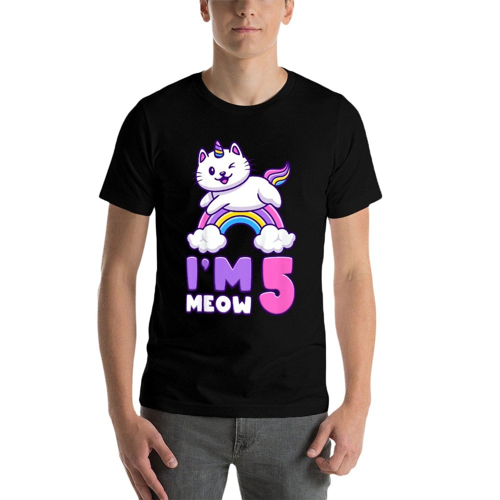 Kids Birthday Girl 5 Years Old, Cat, Unicorn, 5th Birthday  Trendy Pattern T-Shirt