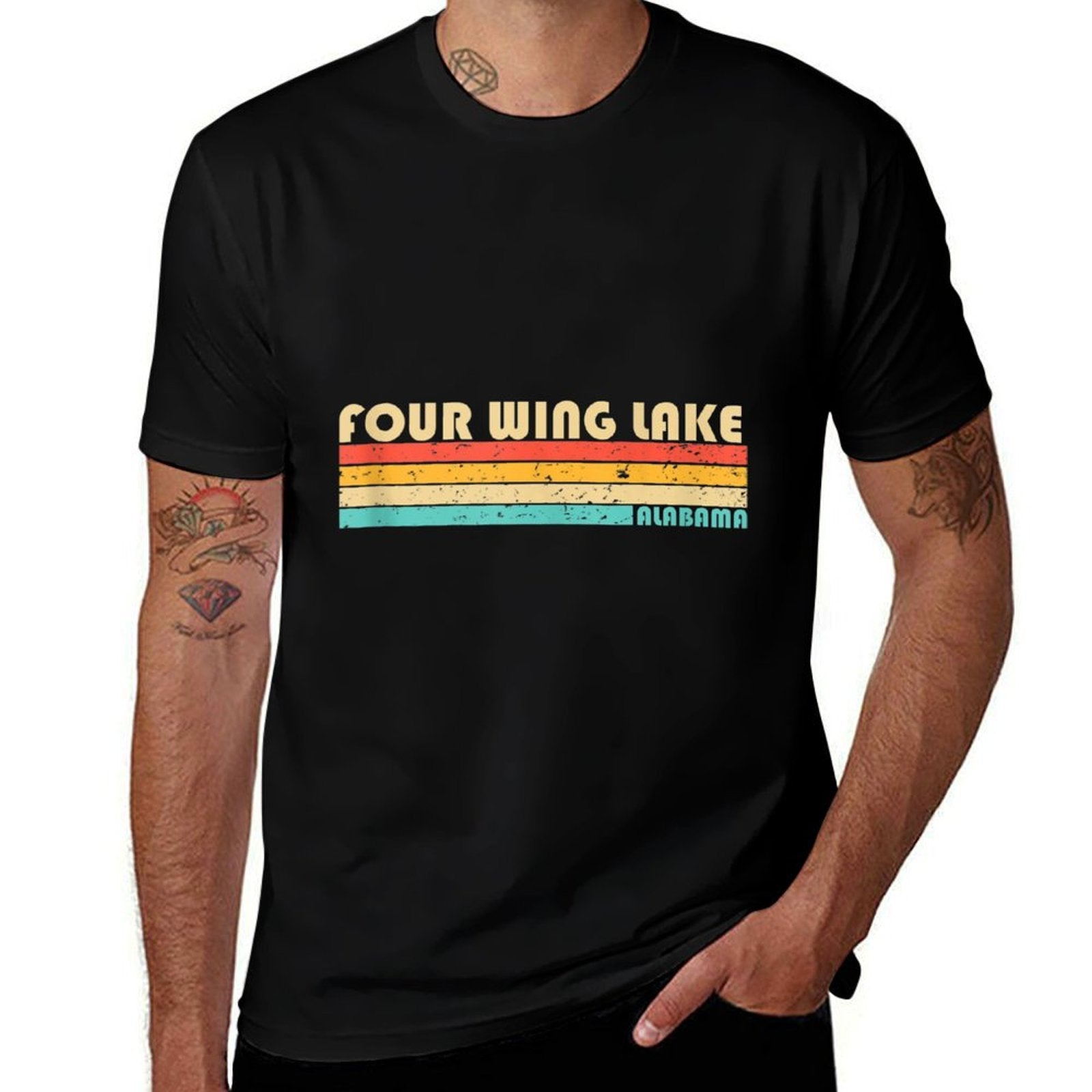 FOUR WING LAKE ALABAMA Funny Fishing Camping Summer  Ribbed Collar T-Shirt