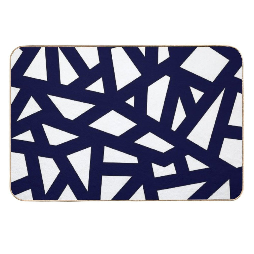 Navy Blue Thick Mosaic Lines On White  Absorbent Bath Mat
