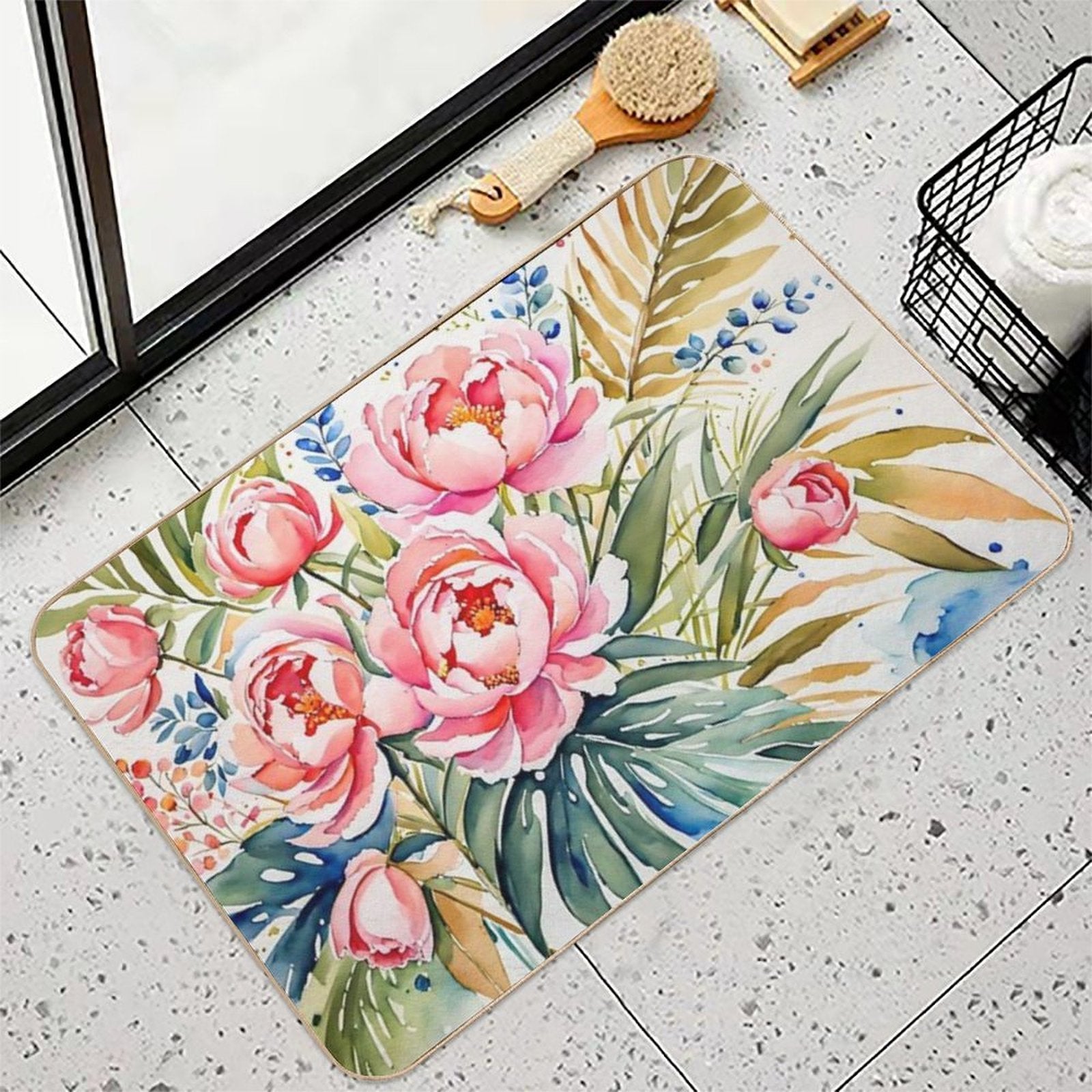 Beautiful Flower And Plant in Loose Watercolor Painting - Monstera Leaves- Blue Purple Peach Hydrangea, Hortensia, Peony And Ros  Versatile Bath Mat