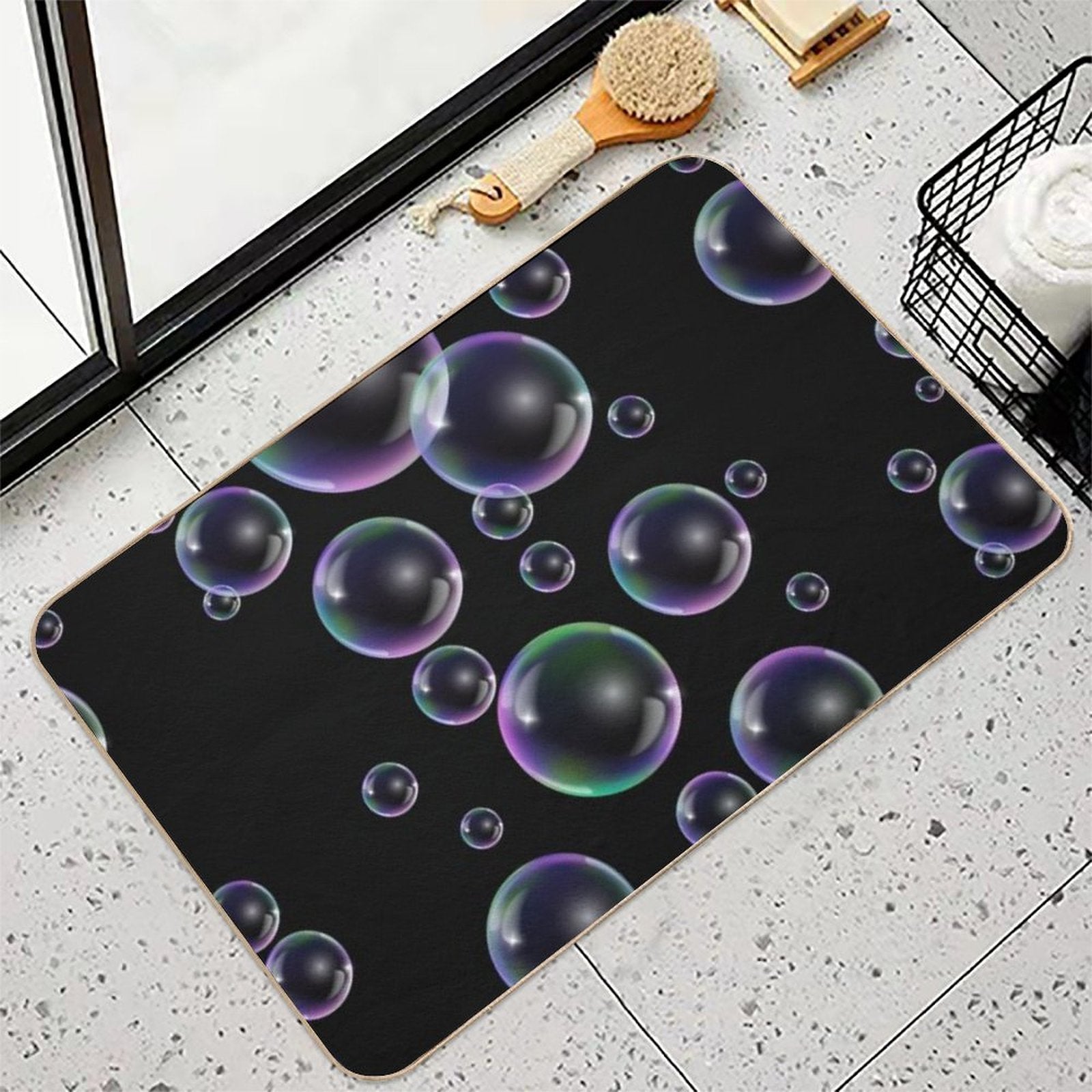Copy of Colorful Bubbles Pattern - Black Background  Stain-Proof Bath Mat