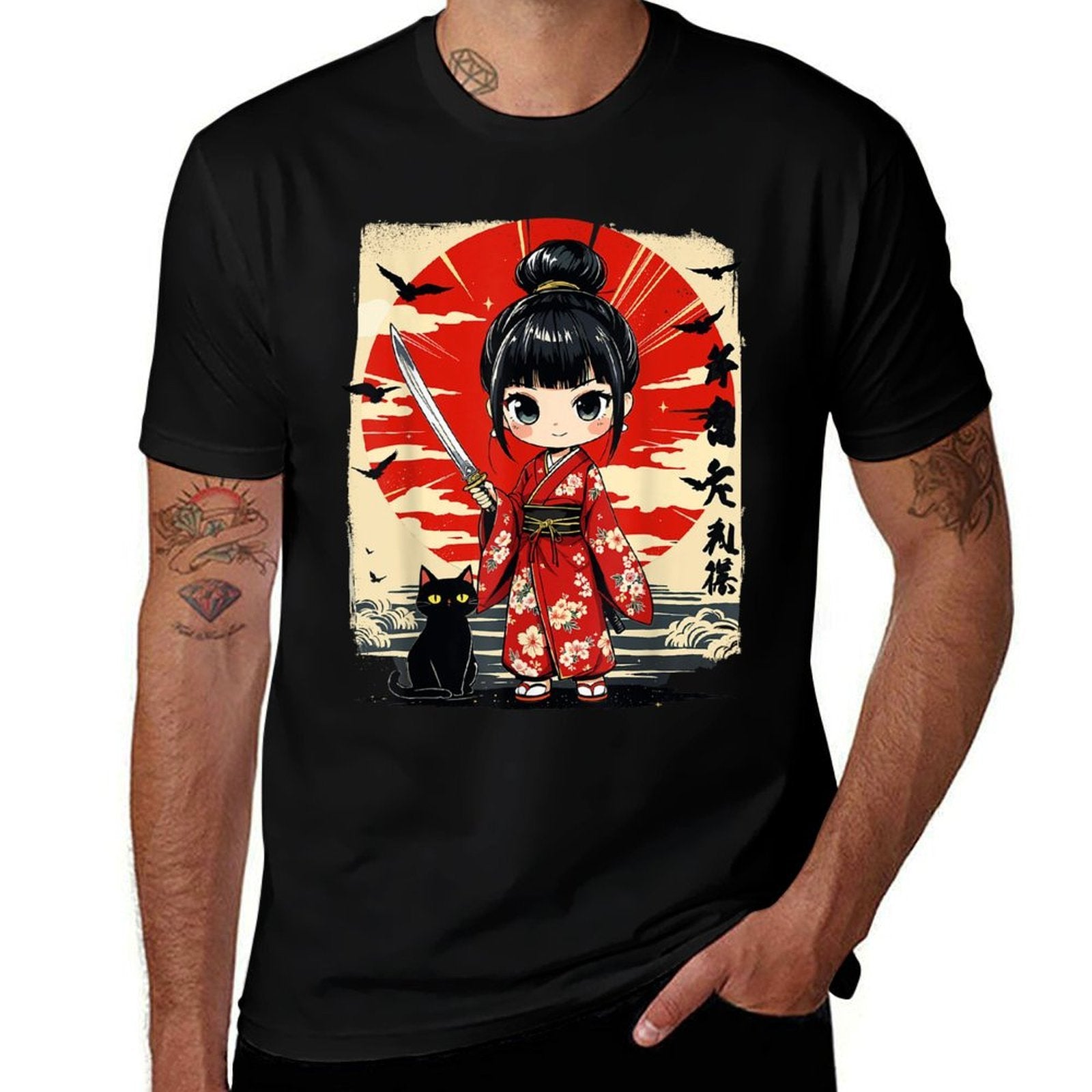 Cute Kawaii Samurai Girl And Cat Japanese Anime Kids Girls  Affordable Price T-Shirt