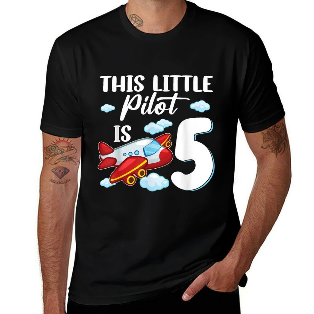 This Little Pilot Is 5 Year Old Kids Airplane 5th Birthday  Rolled Sleeves T-Shirt