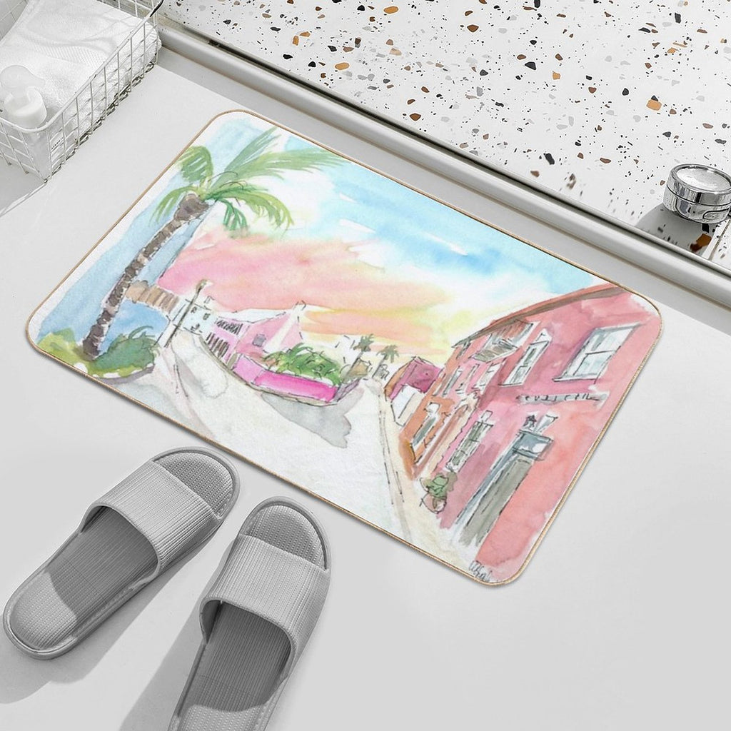 Sunny Bermuda Street Scene In St George's  Long-Lasting Bath Mat