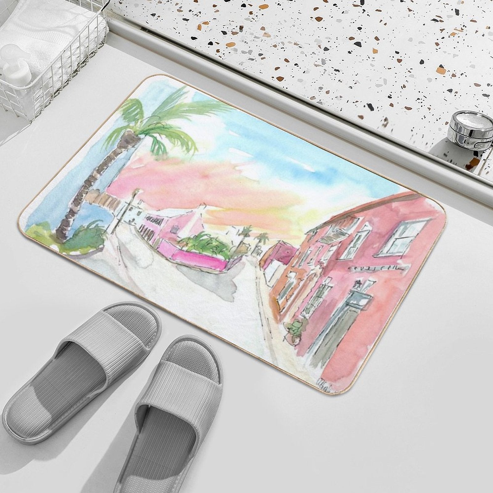 Sunny Bermuda Street Scene In St George's  Long-Lasting Bath Mat