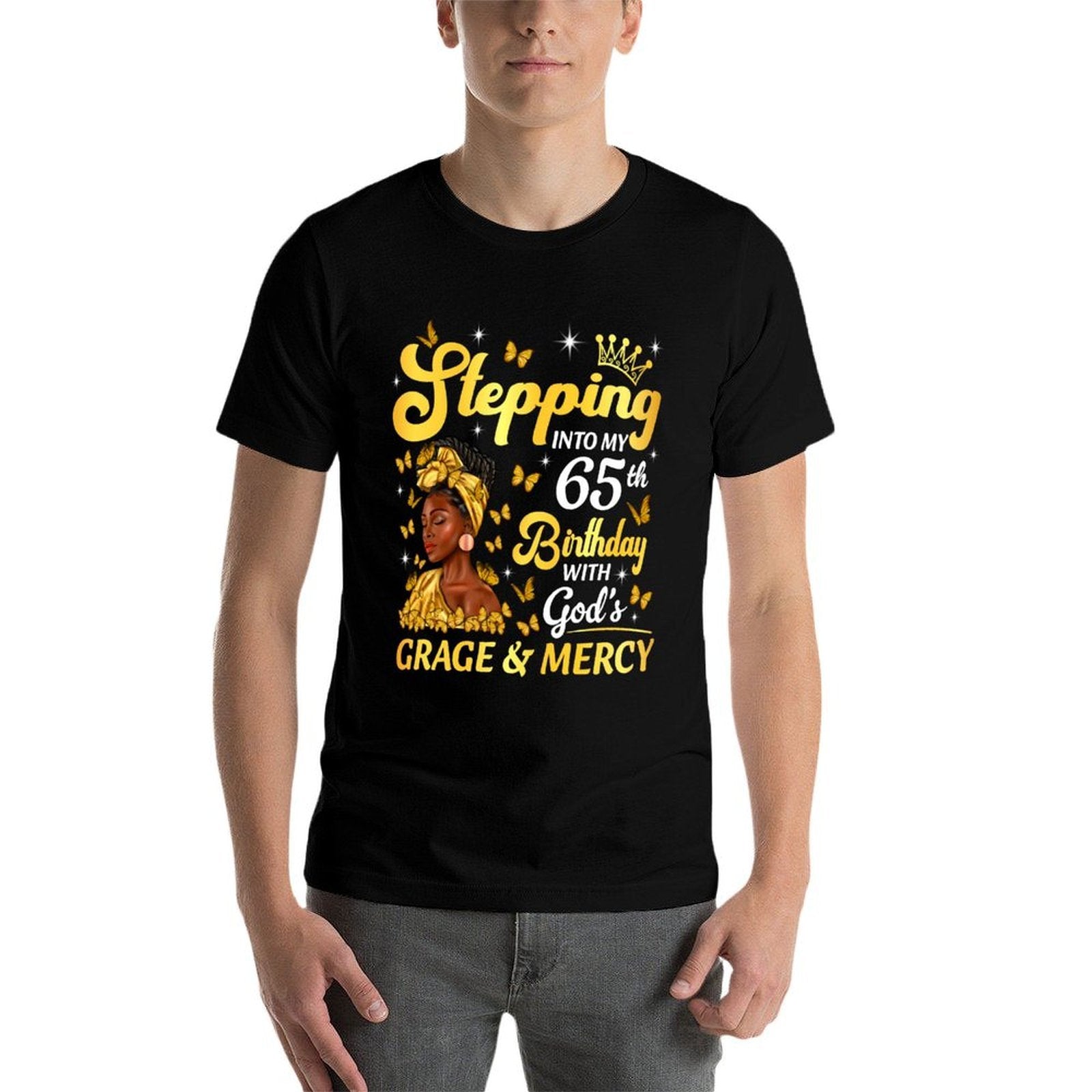 Stepping Into My 65th Birthday Afro Woman Religious Birthday  Wrinkle-resistant T-Shirt
