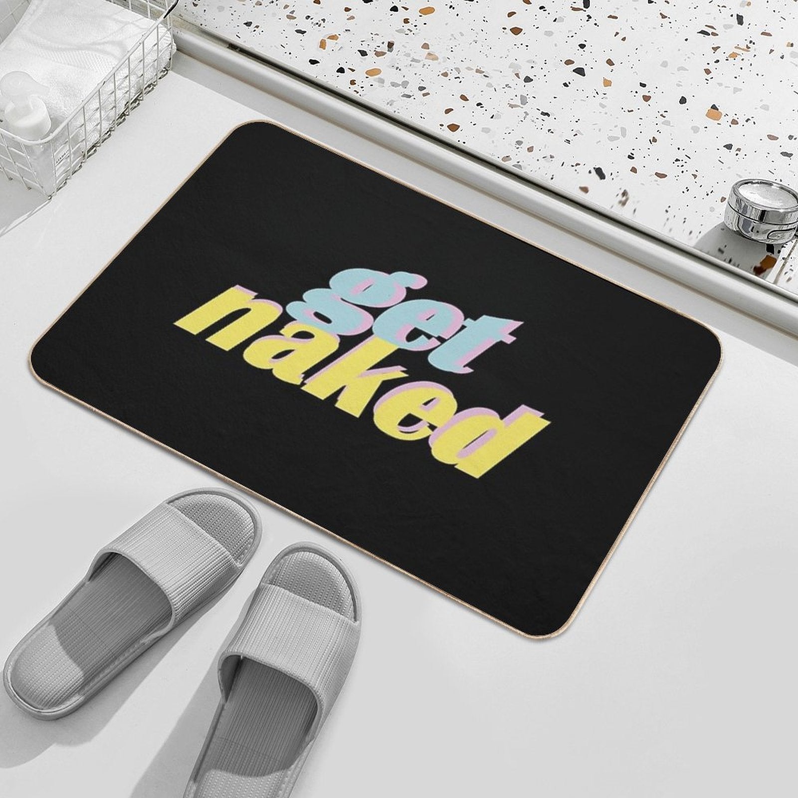 Get Naked Blue Pink Yellow Text  Eco-Friendly Bath Mat