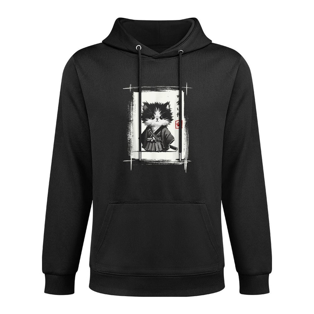 Samurai Cat Japanese Art Sumi-e Novelty Kawaii Funny Cat Layering Staple Hoodie