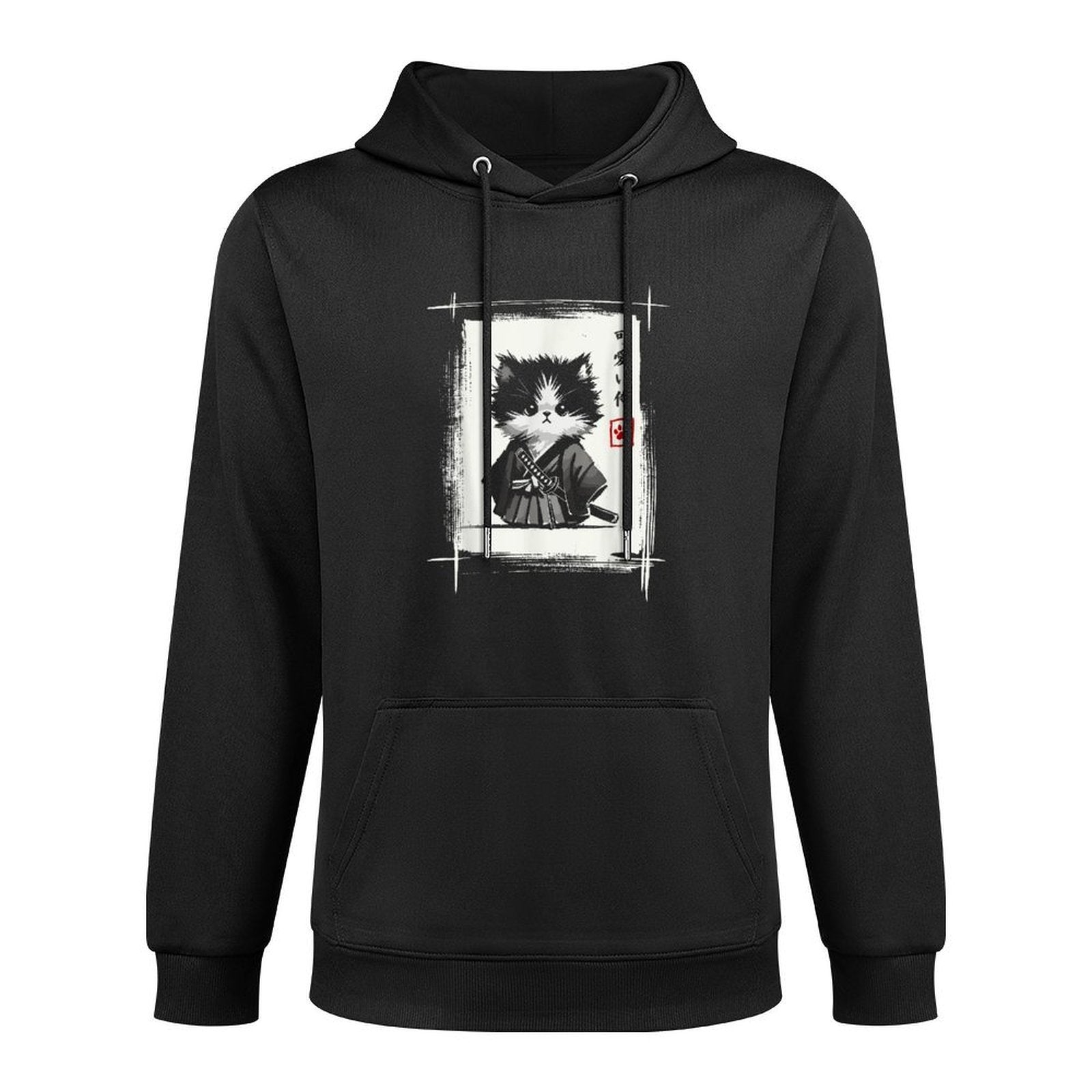 Samurai Cat Japanese Art Sumi-e Novelty Kawaii Funny Cat Layering Staple Hoodie