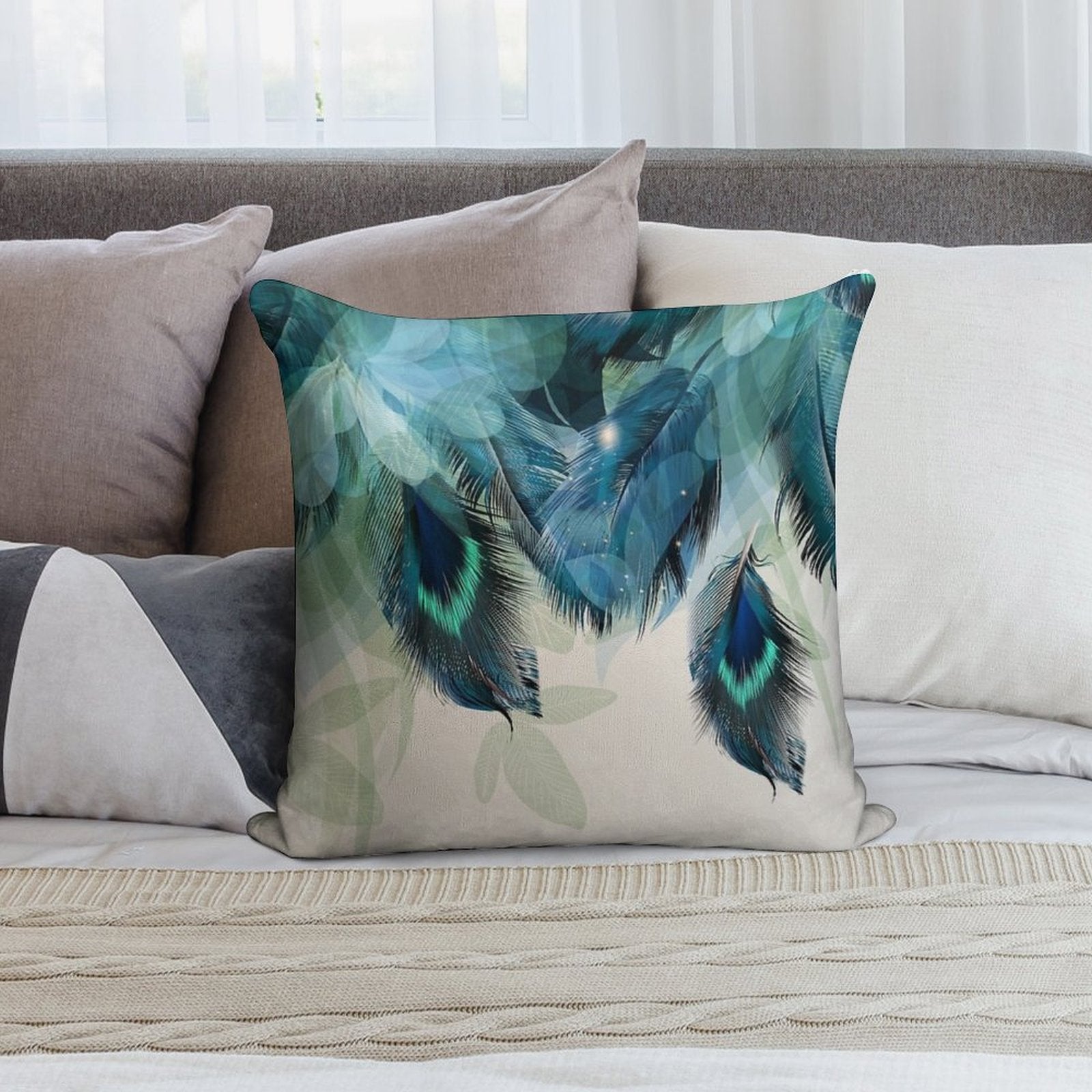 Peacock Feathers Turquoise Soft Shrink-Resistant Throw Pillow