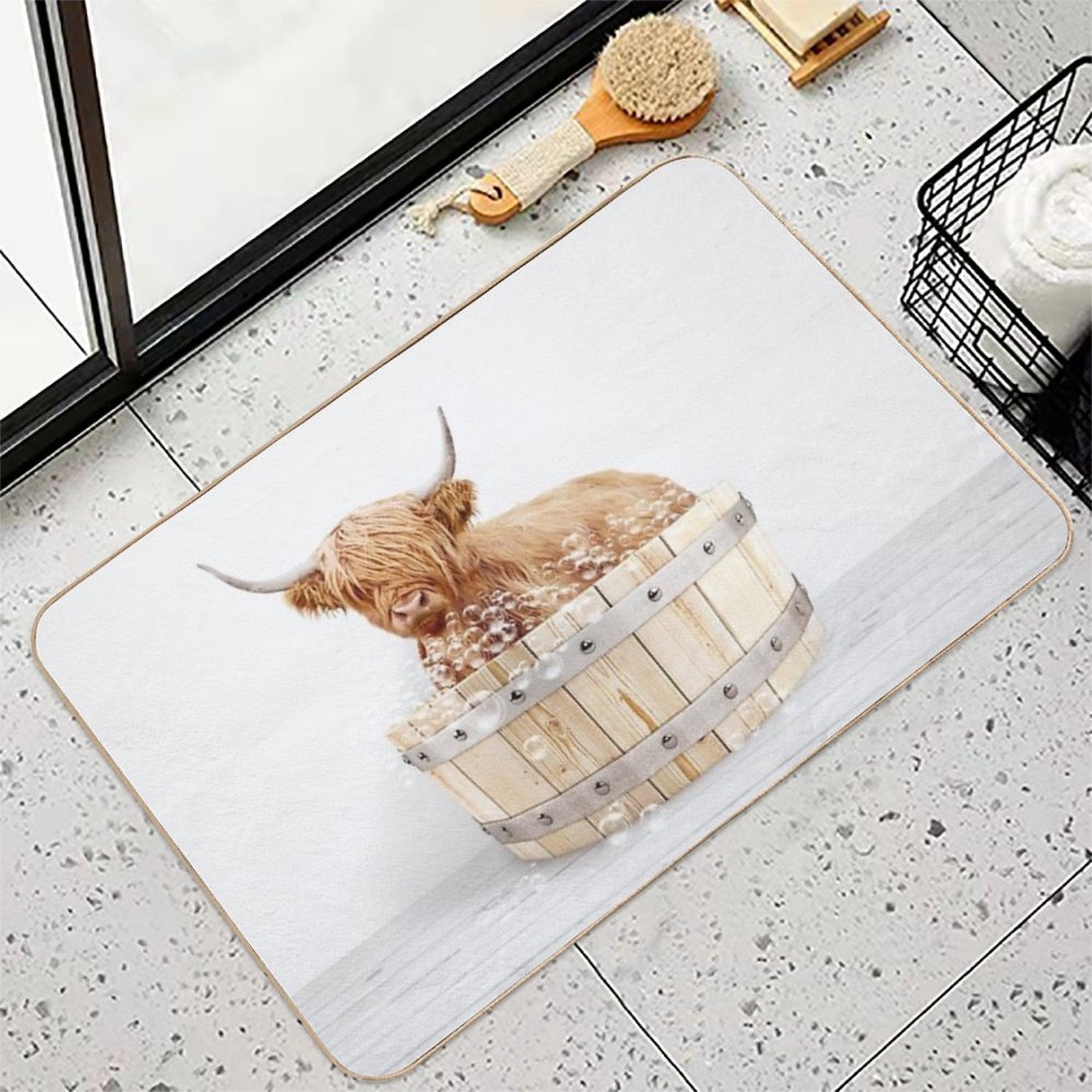 Highland Cow in Wooden Bathtub, Cow Taking A Bath, Cow Bathing, Bathtub Animal Art Print By Synplus  Long-Lasting Bath Mat