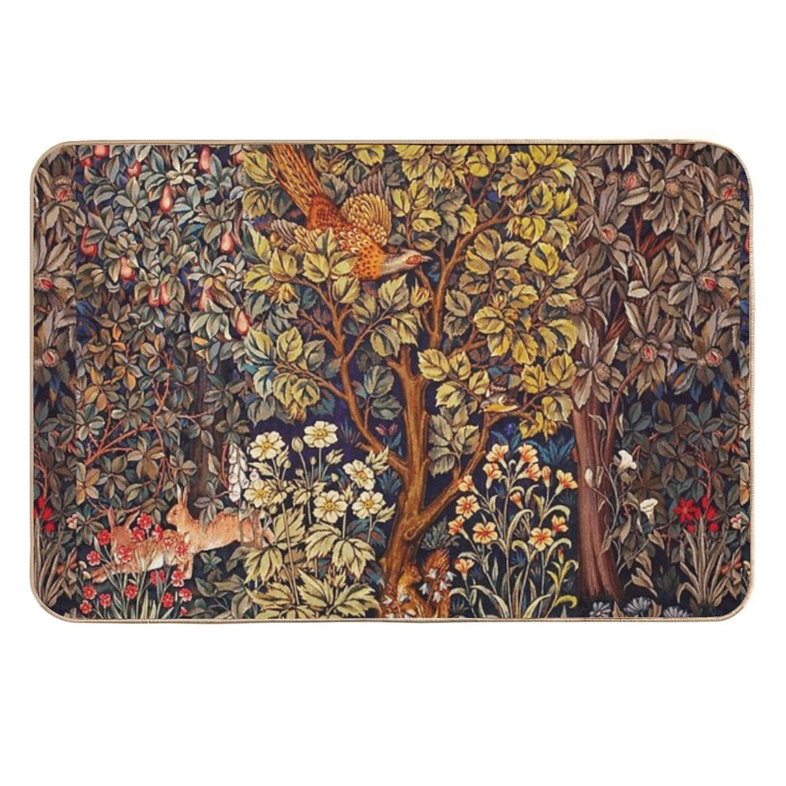 GREENERY,FOREST ANIMALS Pheasant on Autumn Tree,Squirrel,Hares,Red Yellow Floral Tapestry  Non-Slip Bath Mat