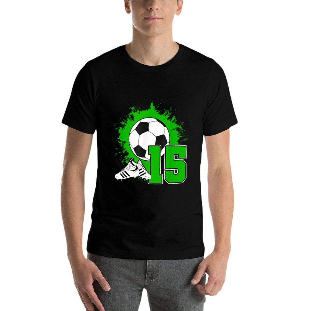 Kids Soccer Birthday Party 15 Year Old Boy 15th Birthday  Ribbed Collar T-Shirt