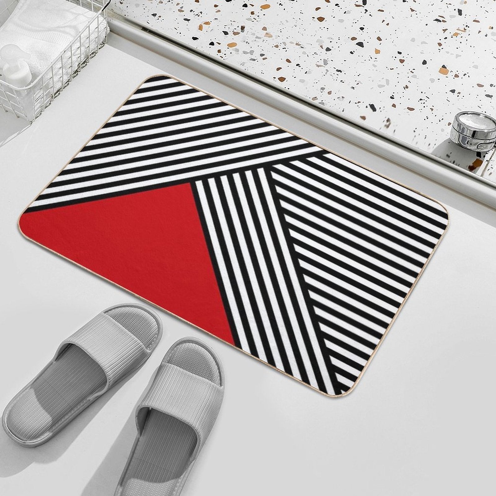 Black And White Stripes with Red Triangle  Easy Maintenance Bath Mat