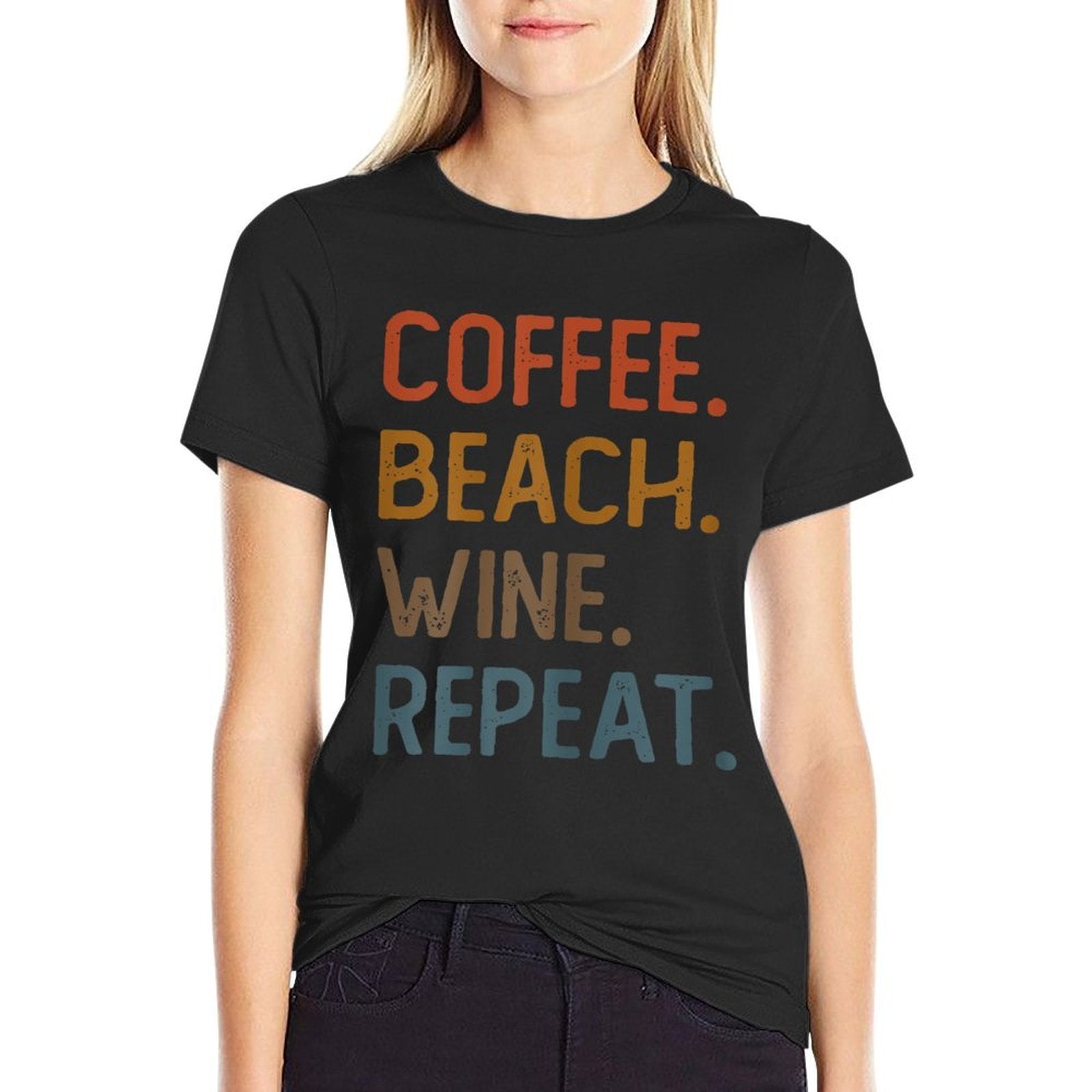 Coffee Beach Wine Repeat Funny Wine Coffee Beach Summer  Ribbed Collar T-Shirt