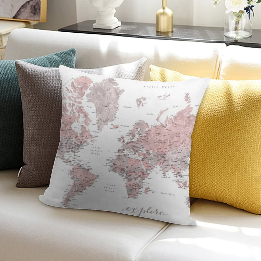Explore - Dusty Pink And Grey Watercolor World Map, Detailed Soft Fade-Resistant Throw Pillow